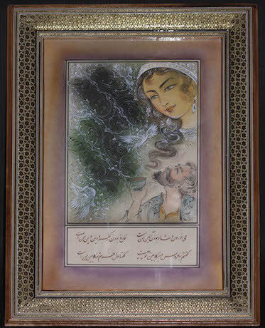 Aufwendige persische Miniaturmalerei hinter Glas, mit verziertem Rahmen Persische Miniaturmalerei kaufen